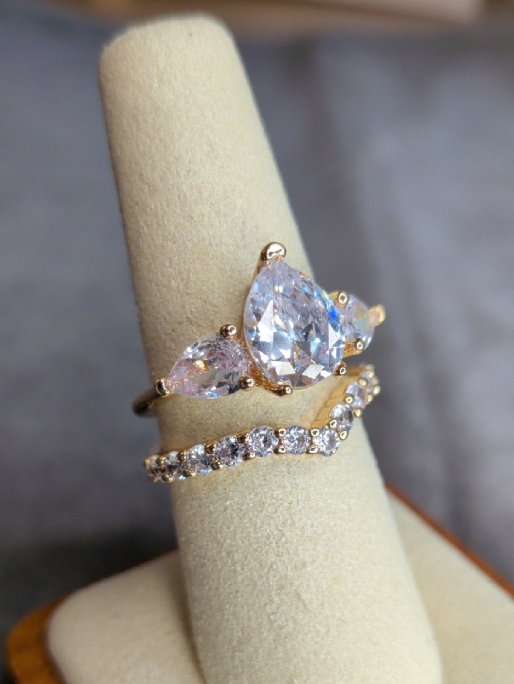 Wedding Set: Gold Fill Pear Cubic Zirconia Crown Ring Size 8 - Picture 8 of 8